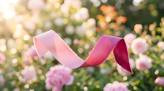 Breast cancer awareness pink ribbon in a garden with flowers and greenery in the background with sunlight