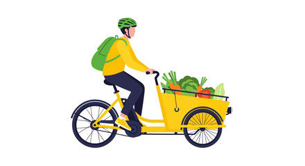 Fototapeta premium Eco-friendly Delivery Man Riding a Yellow Cargo Bike Loaded with Fresh Groceries and Vegetables, Sustainable Urban Transport Vector Illustration