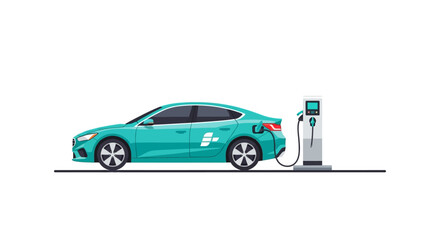 Naklejka premium Teal Electric Car Charging at Power Station Vector Illustration, Isolated Modern EV Sedan for Sustainable Transportation Concept