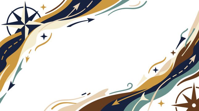 Decorative corner borders with compass rose and abstract wavy lines in warm earthy tones, travel and adventure theme