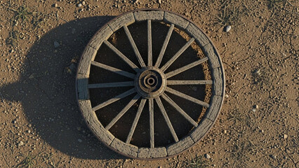 Obraz premium Old wagon wheel on dirt ground with shadow, rustic transportation