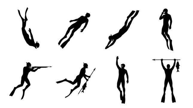 Collection of eight black silhouette spearfishing divers in various dynamic poses, from diving to holding fish, on a white background, sport vector