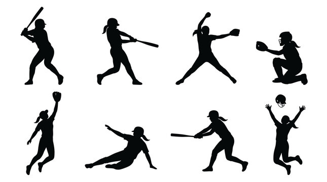 Set of eight black silhouettes of female softball players in various action poses, including batting, pitching, catching, and running, on a clean