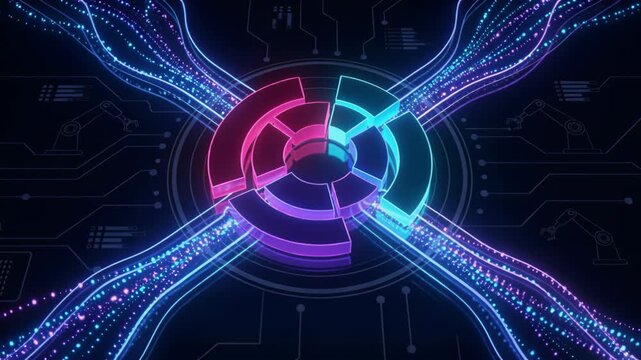 Central pie graph representing data analytics with neon glowing lines depicting digital information streaming across.