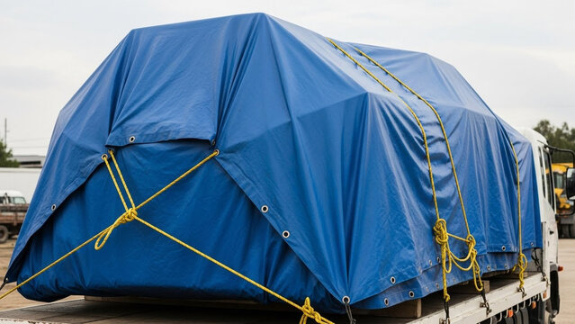 Large blue tarpaulin covered cargo on flatbed truck outdoors