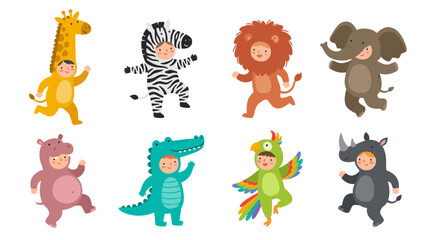 Obraz premium Children in cute animal costumes, walking and playing, including giraffe, zebra, lion, elephant, hippopotamus, crocodile, parrot, and rhinoceros