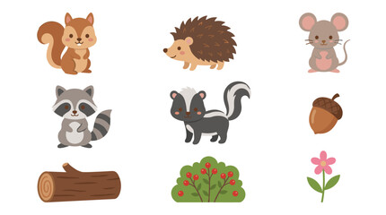 Fototapeta premium Collection of cute vector art forest animals and elements including a squirrel, hedgehog, mouse, raccoon, skunk, acorn, log, and berry bush, perfect