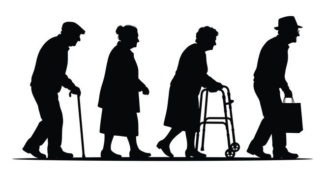 Elderly People Walking With Assistive Devices Black Silhouette
