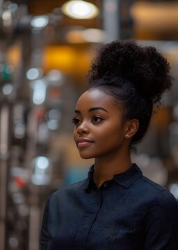 Portrait of a beautiful young woman with afro hairstyle in a vector style industrial setting