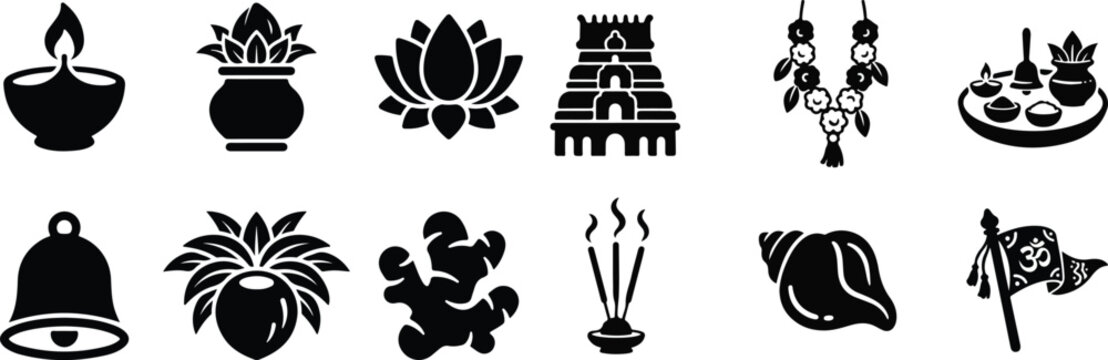 Hindu Puja Ritual and Festival Silhouette Icons Set
