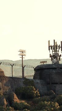 The scene shows tall fences and electricity poles on a rocky mountain during sunset. The sun sets behind the hills, casting a soft light over the area.