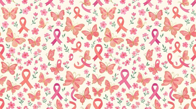 Breast cancer awareness breast cancer awareness pattern with pink ribbons butterflies and flowers on cream background