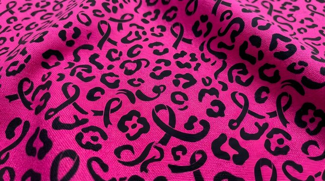 Breast cancer awareness vibrant pink fabric with black leopard print and breast cancer awareness ribbons pattern