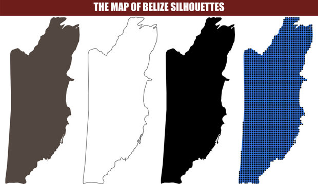 Outline and filled map silhouettes of Belize with a patterned fill isolated on white background