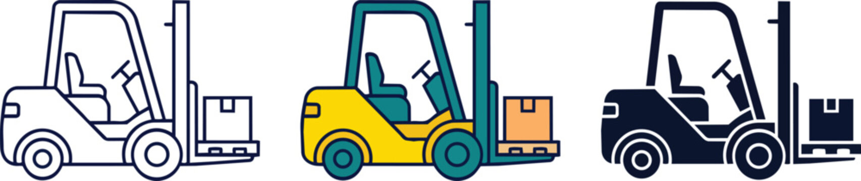 Set of three industrial forklift truck vector illustration designs isolated on transparent background