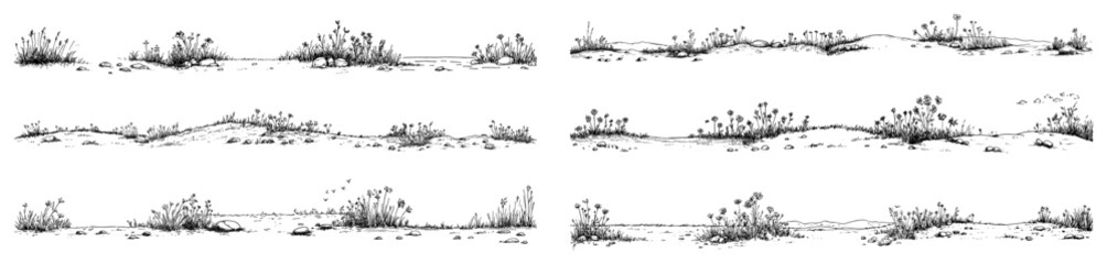 Meadow landscape dividers with grass and wild flowers in hand drawn line art style © Kaz