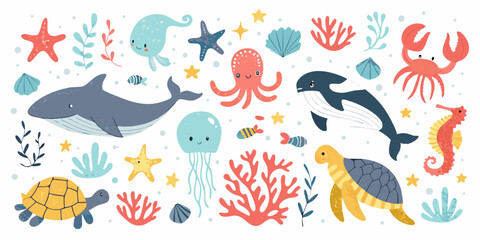 Marine Life Illustrations Colorful Vector Artwork On White Background © Ripa