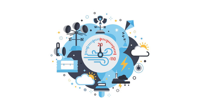 Weather Forecasting and Wind Measurement Flat Illustration with Anemometer, Speed Gauge, Clouds, and Meteorology Icons