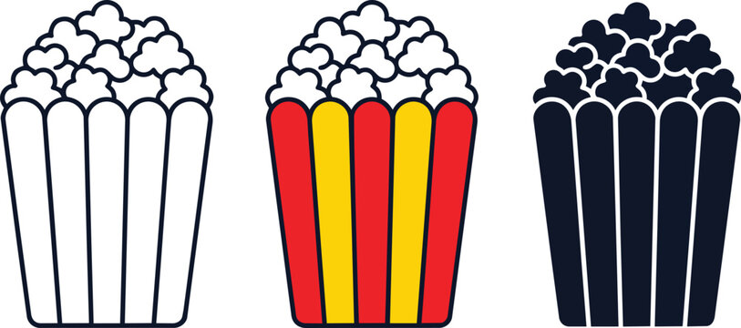 Three different style popcorn buckets shown as a colorful vector graphic illustration on transparent background