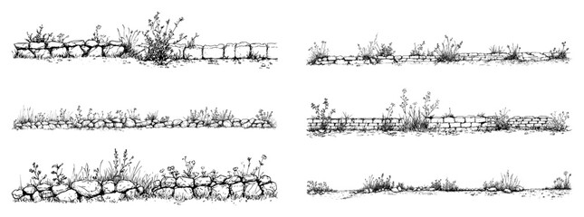 Low stone wall borders with wild flowers and grass in hand drawn sketch style © Kaz