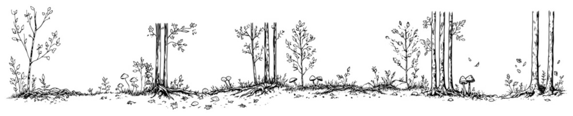 Forest tree line with wild mushrooms and meadow plants in hand drawn ink style © Kaz