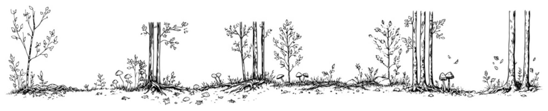 Forest tree line with wild mushrooms and meadow plants in hand drawn ink style