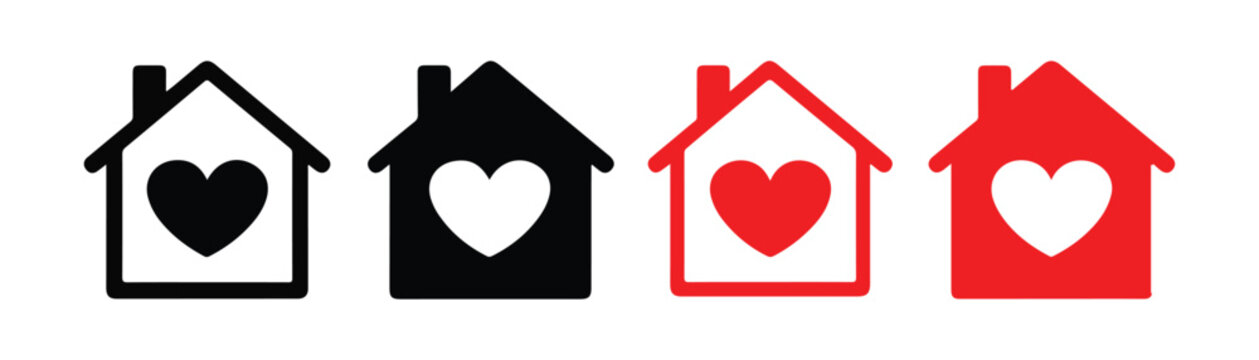 Home icons set with heart shape inside for real estate house building logo and donation symbols.