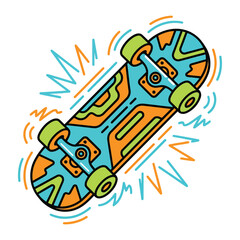 Naklejka premium Colorful Hand Drawn Skateboard Illustration Featuring Vibrant Patterns and Dynamic Energy Lines