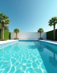 Fototapeta premium Bright clear blue swimming pool with clean water and tiled edges. Palm trees and green hedges surround pool under sunny sky. Relaxing clean outdoor summer resort.