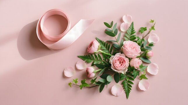 Breast cancer awareness a beautiful bouquet of pink roses with green leaves and a pink ribbon on a soft pink background for valentines day or mothers day