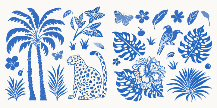 Blue Tropical Silhouettes Featuring Palm Trees And Jungle Wildlife