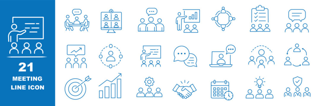 Meeting Line icon set. Contains related to consultation, meeting, social, video, call, room, meet and more. Minimalist set of line pictogram. Editable stroke. Vector illustration.