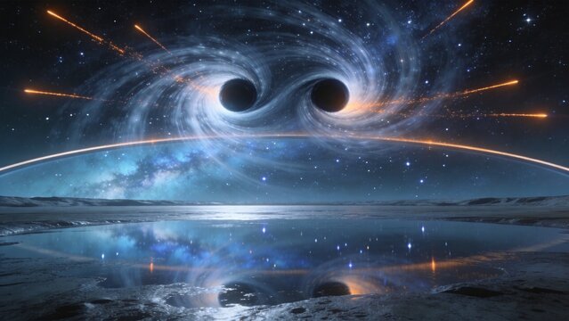 Cosmic Dance of Two Black Holes: Two colossal black holes spiral into each other, their gravitational pull distorting the fabric of spacetime.