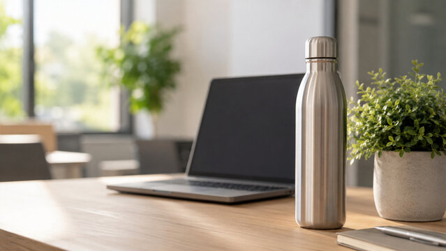 Reusable refill water bottle on modern office desk for ESG workplace