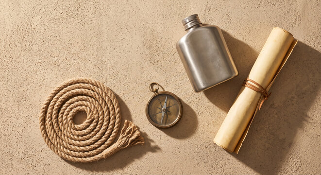 Minimalist flat lay of unbranded trekking and adventure gear on earthy limewash plaster background