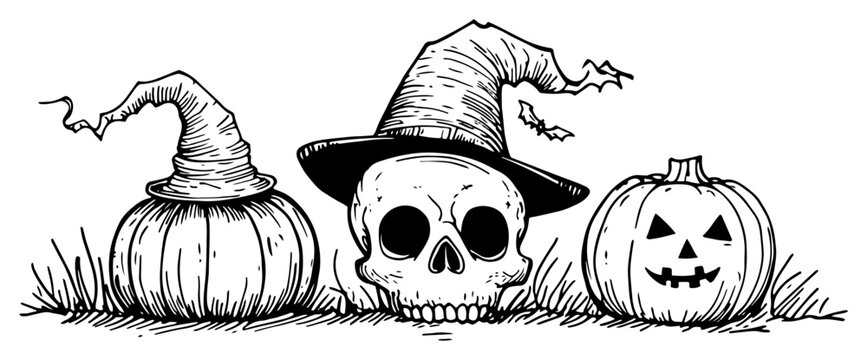 Skull and pumpkins wearing witch hats on grass in hand drawn line art style