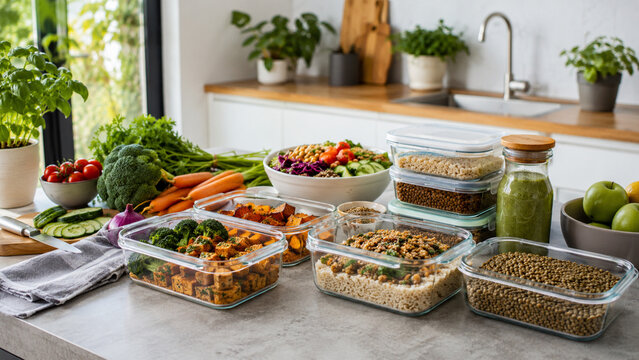 Plant based meal prep with vegetables lentils rice and reusable containers