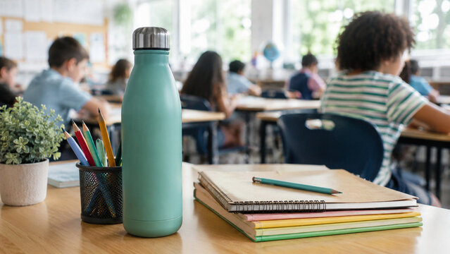 Reusable refill bottle on classroom desk for green school campaign