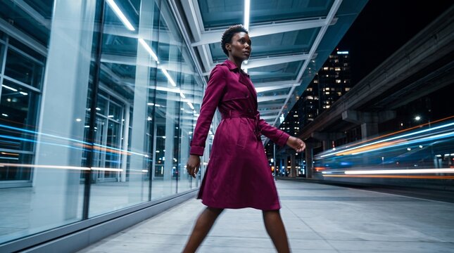 Professional Woman Walking Urban Street at Night