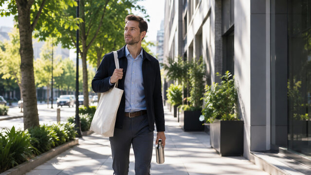 Professional walking with reusable tote and refill bottle on green commute