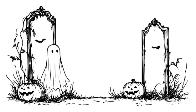 Ghost standing by ornate mirror frame with pumpkins and flying bats in vintage engraving style