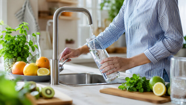 Reusable glass bottle being filled at kitchen sink for plastic free home