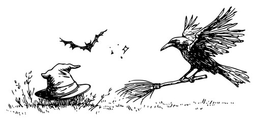 Fototapeta premium Raven carrying broomstick with witch hat and flying bat in ink sketch style