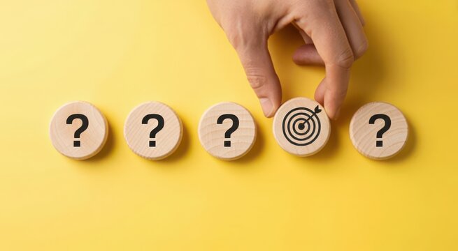 Hand placing a wooden block with a target icon