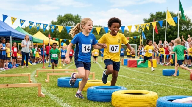 Children enthusiastically participating in a school sports day race with hurdles