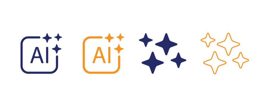 AI logo and starburst icons in blue and orange on white background with rounded square shapes