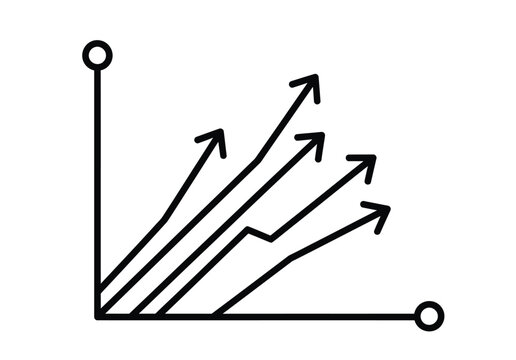 A line art drawing of a Cartesian coordinate system with multiple upward-pointing arrows indicating growth or positive trends over time.