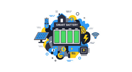 Naklejka premium Smart Battery Storage System with Solar Panels and Home Energy Management Technology, Green Renewable Electricity Concept Vector Illustration