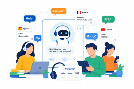 AI Language Learning with Virtual Tutor &ndash; Premium Flat Vector Illustration