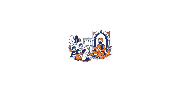 Guru Teaching Children Vector Illustration